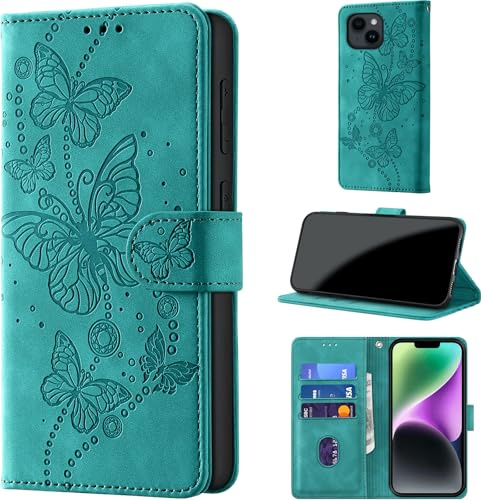 for iPhone 15 Plus Wallet Case Flip, Turquoise | RFID Blocking, 3 Card Holder Stand, Shockproof TPU Shell, PU Leather Magnetic Closure