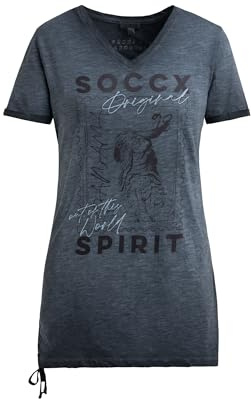 SOCCX Damen Langes T-Shirt mit Seitenraffung und Print Blue Navy, XXXL