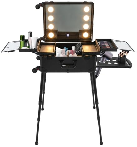 Kosmetikkoffer Trolley mit 8 LED Lichtern und Spiegel, Organisation von Kosmetik mit Schloss, Schminkkoffer, Einstellbarer Helligkeit, Höhenverstellbare, Für Kosmetiker Friseur Hochzeit