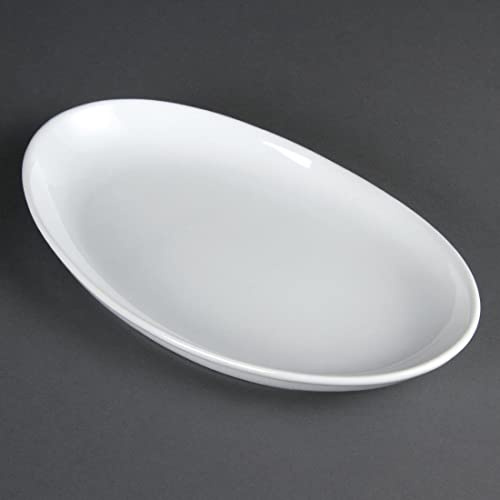 Olympia Porcelain French Deep Oval Plates 304x190mm, Pack of 4, White | Stackable, oven and freezer proof vitrified glaze prevents chipping, ideal for heavy-duty commercial food service.