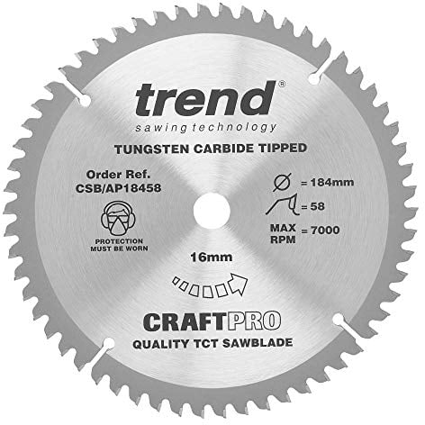 Trend Lame de Scie Circulaire Aluminium & Plastique, 184 mm de Diamètre, 16 mm d'Alésage, 58 Dents, TCT, 2,8 mm de Trait de Scie, -6° Crochet, CSB/AP18458