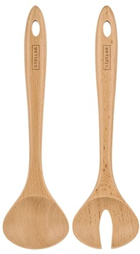 Stellar Beech Tools 2-Piece Salad Server Set, Safe for Non-Stick Pans, Solid Beech Wood