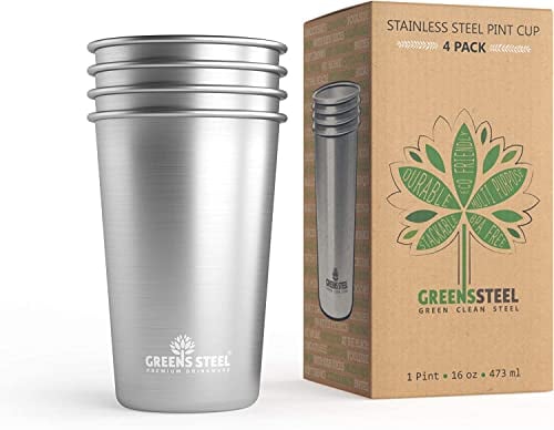 Greens Steel Gobelet en Acier Inoxydable Premium #1, 475ml, Gobelet Inox Enfant et Adulte (Lot de 4) - Verres en Métal Premium - Tasse Empilable, Durable