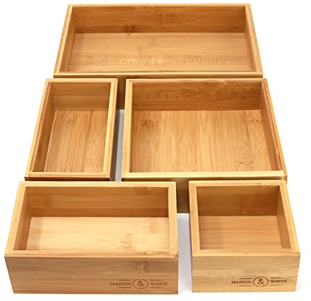 Bamboo Drawer Organiser - Set of 5 | 5 Piece Durable Wood Storage Boxes | Assorted Sizes | Versatile & Configurable | Home Storage Solution | M&W
