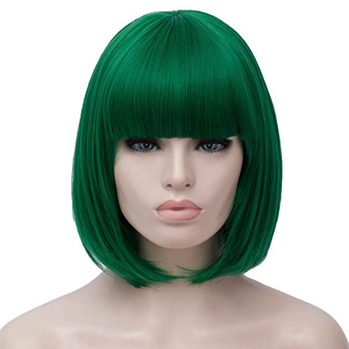 Mildiso Kurze Bob Grün Haar Perücken Gerade mit Flach Pony Synthetische Bunte Cosplay Tägliche Party Perücke für Frauen Natürliche Wie Echthaar 12 Zoll 002C