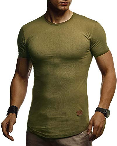 Leif Nelson Herren T-Shirt mit Rundkragen Basic Kurzarm Shirt Männer Kurzarmshirt Slim Fit Sommershirt LN-8294 Khaki Größe XXL