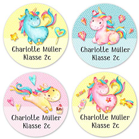 Papierdrachen 24 individuelle Namensaufkleber zum Markieren von Heften und Schul-Büchern - Einhorn aquarell - personalisierte Sticker für Kinder - Geschenk zur Einschulung - Schulbuchetiketten