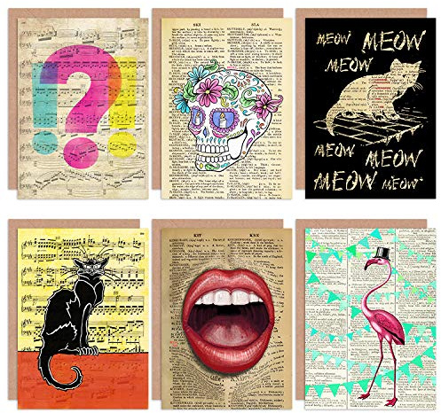 Wee Blue Coo Upcycled Quirky Music Dictionary Fun All Occasions Birthday Various Assorted Blank Greeting Cards With Envelopes Pack of 6