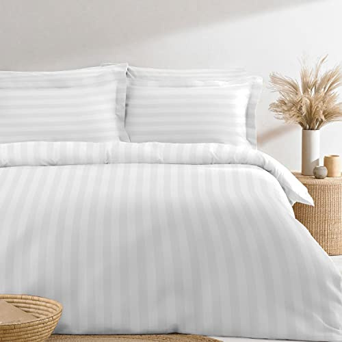 Pizuna 100% Cotton White Duvet Cover King Size 300TC Stripes | Satin Stripe, 300 Thread Count, Damask Bedding Long Staple Cotton, 230 x 220 cm, Sets with Button Closure