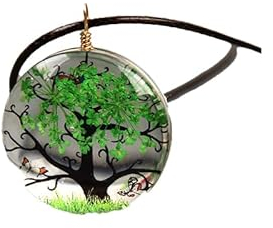 QIN Colliers du pendentif arbre de vie des fleurs séchées naturelles, pour femmes, colliers ronds de fleur et seau de la boule en verre de résine transparente
