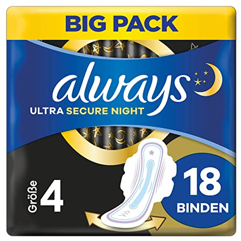 Always Ultra Binden Damen Gr. 4, Secure Night (18 Damenbinden mit Flügeln) Big Pack, dünn und super saugfähig, geruchsneutralisierend und Auslaufschutz