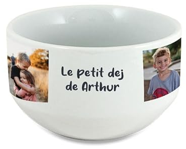 DECOHO - Bol petit déjeuner personnalisable avec prénom, texte ou photo – Céramique blanche 500 ml – Idée cadeau originale et unique - Blanc