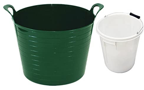 TENLITE 40Litre Dark Green Flexi Tub And 25Litre White Paint Bucket with Metal Handle Cement Mixing, Waste Collection Tub For Home & Garden 𝐌𝐚𝐝𝐞 𝐈𝐧 𝐔𝐊.