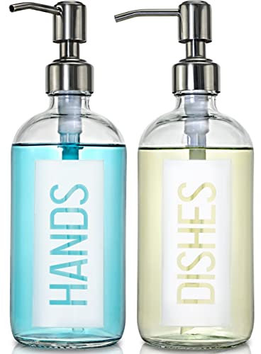 JASAI 2Pack 18OZ Glass Soap Dispenser with Rustproof 304 Stainless Steel Pump, Kitchen Soap Dispenser with Hands & Dishes Label, Refillable Dish Soap Dispenser for Kitchen (White)