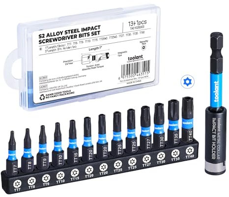 Toolant Torx Bit Set 13+1pcs (T7-T40), 1/4” Hex-Shank S2 Steel Security Torx Bit Set, Tamper Proof Star Bit Set with CNC Machined Tips, Magnetic Impact Bit Holder and Storage Box
