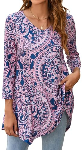 Enmain Tunique Femme Longue Grande Taille à Manches 3/4 Chemisier Chic et élégant Col V Tuniques à Motifs Couleur Unie Haut Ample pour Femmes