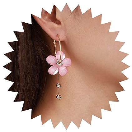 Inilbran Boho Kristall Blume Ohrringe - Vintage Harz Acryl Große Reifen Rosa Blütenblatt Lange Kristall Quaste Schmuck Für Frauen Und Mädchen