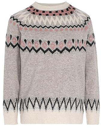 Fenia Damen Fairy Isle Jacquard-Pullover mit Rundhalsausschnitt Hellbraun Größe XL/XXL