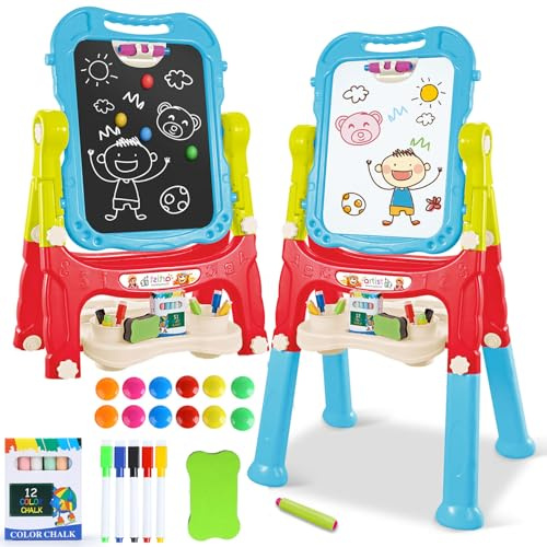 Toddler Art Easel for Kids, Double-Sided Magnetic Whiteboard & Chalkboard with Painting Accessories, Rotatable Easel Toy Gift for Boys and Girls