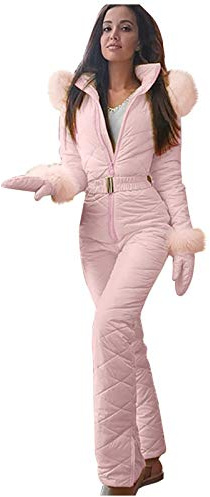 Damen Jumpsuit Skianzug - Skioverall Schneeanzug mit Fellkapuze Skioverall Warme Winter Skianzug Ski-Anzug Schnee Winter-Overall One Piece Ski Suit Outdoor Winddichte Jumpsuit