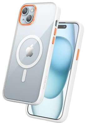 FLOLAB Surtect Tri-Fusion magnetische Schutzhülle für iPhone 15 Plus, schlankes Design, Magsafe-kompatibel, militärischer Rahmen, transparent, Orange Blaze