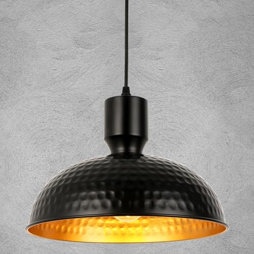 FORCOSO Hängelampe Schwarz - Vintage Pendelleuchte Ø31cm Gehämmertes Metall Moderne Industrielle Pendelleuchte 1 Flammig E27 Hängeleuchte Deckenleuchte für Küche Esszimmer Wohnzimmer Bar(Schwarz Gold)