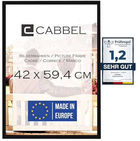 CABBEL Cadre photo 42x59,4 cm, noir, solide en bois MDF, verre plexiglas incassable, à suspendre, idéal pour photos/images/collage, Noir