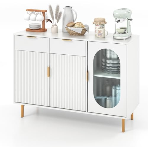GOPLUS Buffet de Cuisine à 2 Tiroirs et 3 Portes, Armoire de Rangement Style Moderne et Minimaliste avec Dispositif Anti-basculement pour Salon, Chambre, Cuisine, 120x40x88cm,Blanc