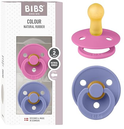 BIBS Colour Schnuller 2er-Pack, BPA-frei, Kirschform Nippel. Naturkautschuk/Latex, Hergestellt in Dänemark, Größe 2 (6-18 Monate), Bubblegum/Peri