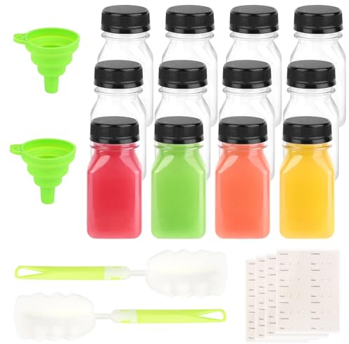 MXTIMWAN 12 Pièces Bouteilles de Jus en Plastique, Bouteilles Vides Réutilisables 120 ml, Mini Bouteilles de Shot Bouteilles avec Couvercles pour Conserver des Jus, Milkshakes