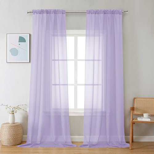 Chyhomenyc Sheer Lilac Curtains 90 inches Long 2 Panels, Light Filtering Soft Airy Solid Elegant Voile Window Treatment Drapes for Bedroom Living Room Wedding Party Decor, 42 Wx90 L Inches