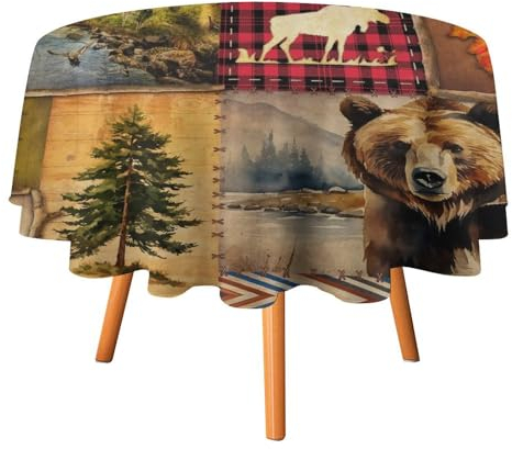 COALHO Mantel redondo de poliéster con temática de caza de cabaña, vintage, mantel redondo de poliéster, acuarela, flecha, otoño, bosque, alce, oso, mantel circular para cocina, cena, 36