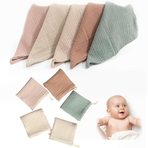 10 Pièces Débarbouillettes en Mousseline pour Bébé (23 x 23 cm) - Gants de Toilette en Coton, Serviettes pour Le Visage de Nouveau-né