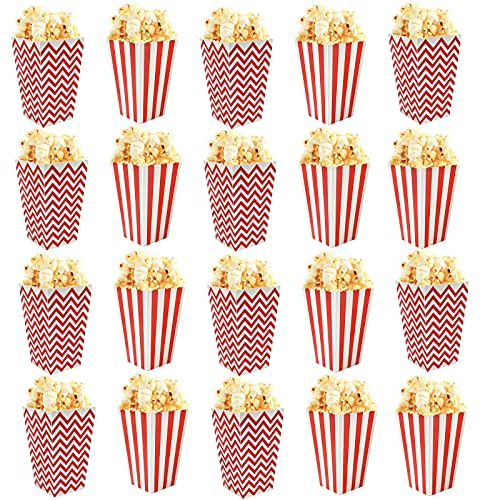 Dokeno 20 Stück Rote & Weiße Popcornboxen, Wiederverwendbare Popcorn Becher aus Papier, Popcornbehälter für Geburtstagsfeiern, Filmabende, Hochzeiten usw. - Streifen & Wellen, 7 x 5 x 11,5 cm