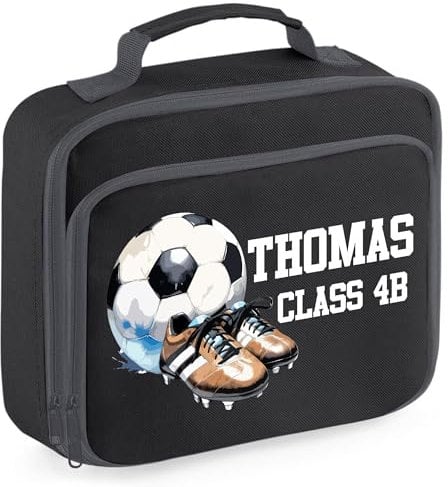 Personalised Football Lunch Box for Kids Boy Girls Footie Custom Name Class Back to School Nursery Bag, 24cm x 20cm x 8cm, Black