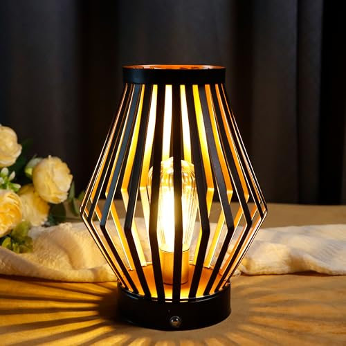 JHY DESIGN Dimmable Touch Bedside Table Lamp 20cm High Rechargeable Metal Cage Lantern with LED Edison Style Bulb Cordless Accent Lamp for Weddings Parties Patio Events for Indoors Outdoors