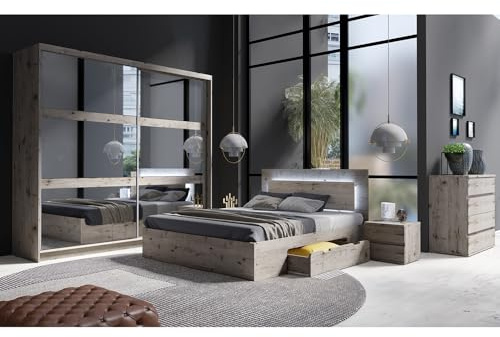 Lomadox Schlafzimmer Set 5-teilig mit Bettgestell 180x200cm, Schwebetürenschrank, Kommode, 2 Nachttische in braun Wellington Eiche Nb.