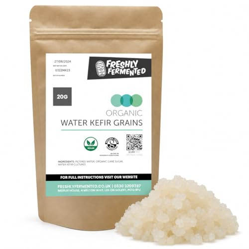 Freshly Fermented Organic Water Kefir Grains 20g Starter — Live Active Tibicos Cultures, Vegan, Organic Food Federation Certified, Brew 1L Fizzy Fermented Drink in 48 Hours, UK Grown