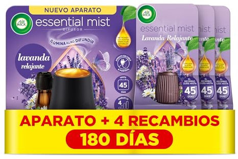 Air Wick Essential Mist - Aparato y 4 recambios de ambientador difusor aceites esenciales para casa con aroma a Lavanda, el embalaje puede variar