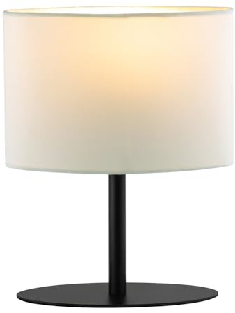 Happy Homewares Modern Designer Oval Table Lamp in Matte Black Metal with Off-White Cotton Fabric Shade | 1 x E14 7w Maximum | 25cm Height