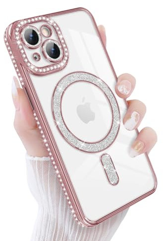 Newseego Magnetic Sparkly Glitter Phone Case for iPhone 15 [Compatible with Magsafe], Camera Lens Shockproof Protector Bling Diamonds Soft TPU Cover Girls Women for iPhone 15-Pink