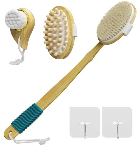 Juego de cepillos de baño de bambú, mangos largos con 2 cabezales de cepillo extraíbles, cerdas y partículas de madera, cepillo de lana en forma de gota