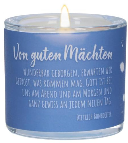 Butzon & Bercker Glaswindlicht: Von Guten Mächten. LichtMoment mit Dietrich Bonhoeffer-Zitat. Stärkende Worte auf einem Teelichthalter mit Pergamentumleger. Maße Ø 6,5 x 6 cm, Geschenkverpackung