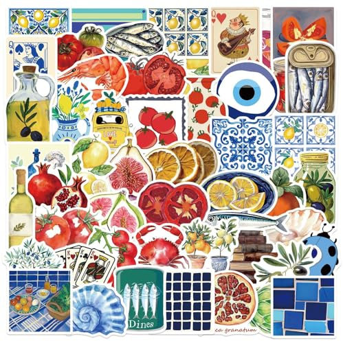 Mediterranean Tomato Food Stickers 50Pcs Cute Waterproof Funny Fruit Stickers for Laptop Water Bottle Luggage Skateboard Scrapbook Car Phone Helmet,Vinyl Cartoon Vegetable Sticker for Girls Adults