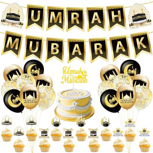 Umrah Mubarak Decoration, Gold & Black Islamic Party Supplies, Includes 2 Umrah Mubarak Banners, Cake Topper, 16 Balloons, 12 Cupcake Toppers, Muslim Events Decor