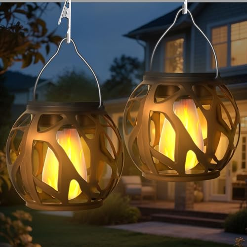 Solarlampen für Außen Hängend Flackernd, 2 Stück Flammeneffekt Solar Laternen für Draußen Wetterfest, Garten Deko LED Solar Hängelampe Outdoor, IP65 Wasserdicht Solarlaterne Beleuchtung Garten (A)