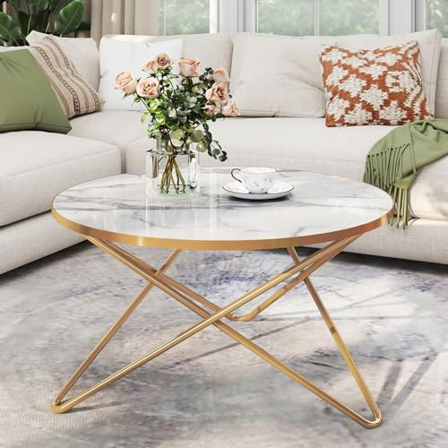 MROJISC Gold Coffee Table for Living Room, Marble Round Side Table, White | Marble Effect Tabletop and Gold Metal Frame