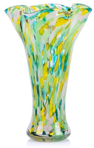 Vases en verre vert de 22,9 cm de hauteur pour fleurs, vase unique en verre soufflé à la main, vert et doré, décoration d'intérieur, vase à fleurs coloré à large embouchure, centres de table, pour