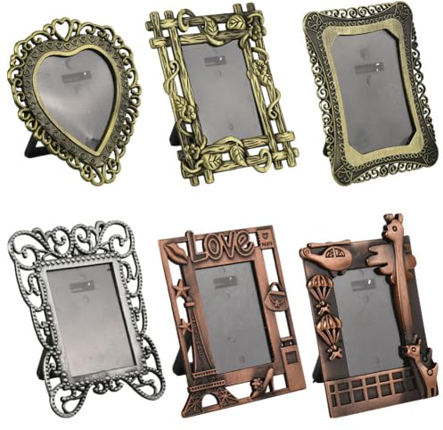 SOFPLATE 6 Stück Mini Bilderrahmen Mini Herz Bilderrahmen Winzige Fotorahmen Legierung Verschiedene Bunte Vintage Kleine Metall Bilderständer Zubehör Für Zuhause Büro Auto Tisch Schreibtisch DIY