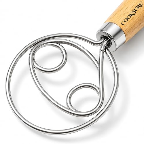 COOKSURE Danish Dough Whisk for Sourdough Bread – 13 Inch Bread Whisk with Wooden Handle – 304 Stainless Steel Hook for Heavy Dough Baking, Swedish Dough Whisk Tool